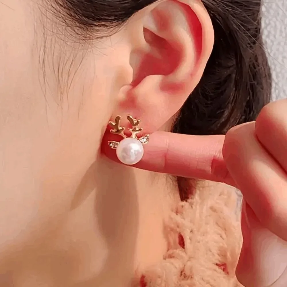 Reindeer Pearl Diamond Gold Plated Stud Earrings